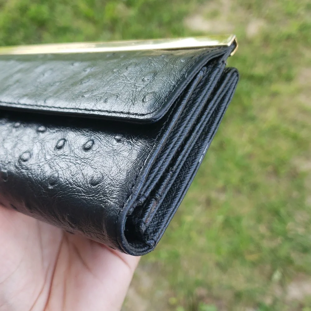 Antonio Melani Womens Cowhide Leather Ostrich Embossed Bifold Long Wallet Black